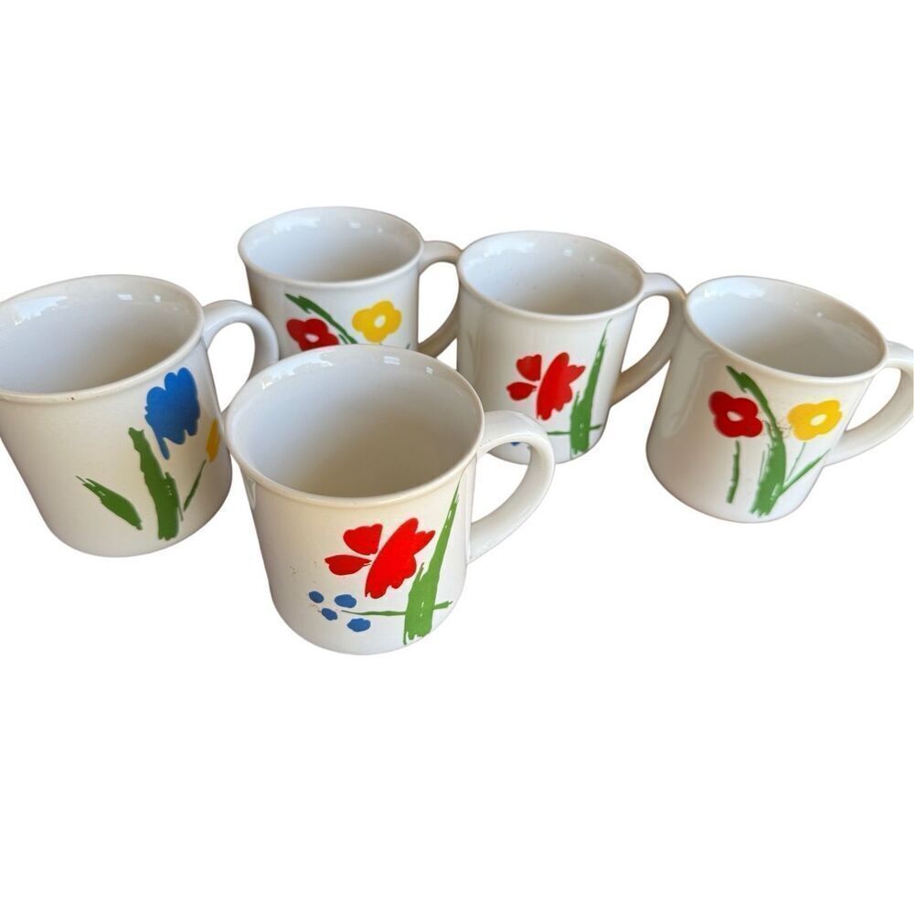 Vintage Set of 5 Floral Happy Mugs Coffee Mugs Whimsical Cottagecore Country